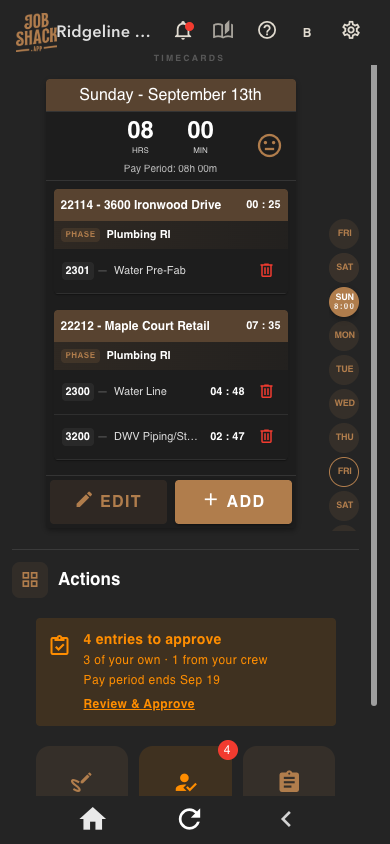 JobShack Timecards screen